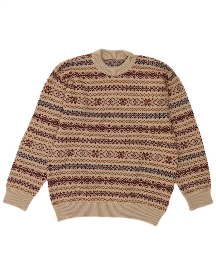Vintage Mens Crew Neck Jumper Sweater Medium Beige Fair Isle