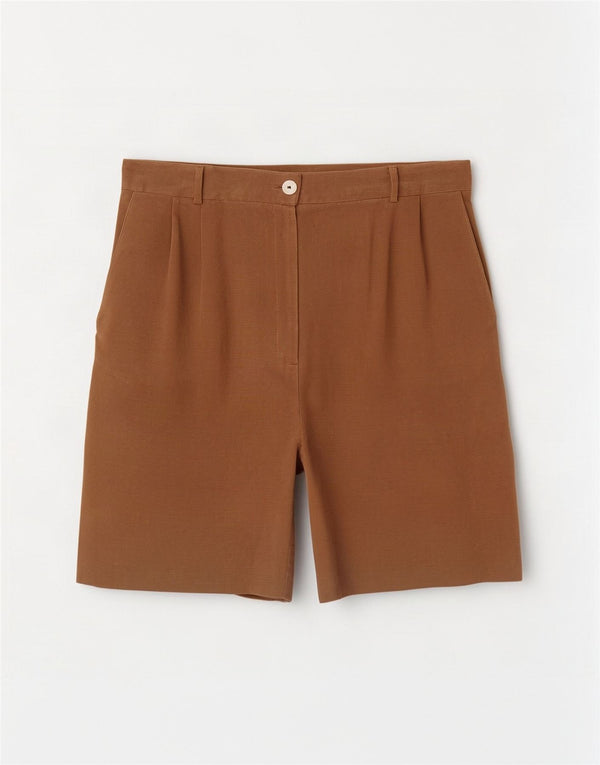 Vintage mujer cintura alta pegado pantalones cortos casuales IT 44 Medio W27 Seda Marrón