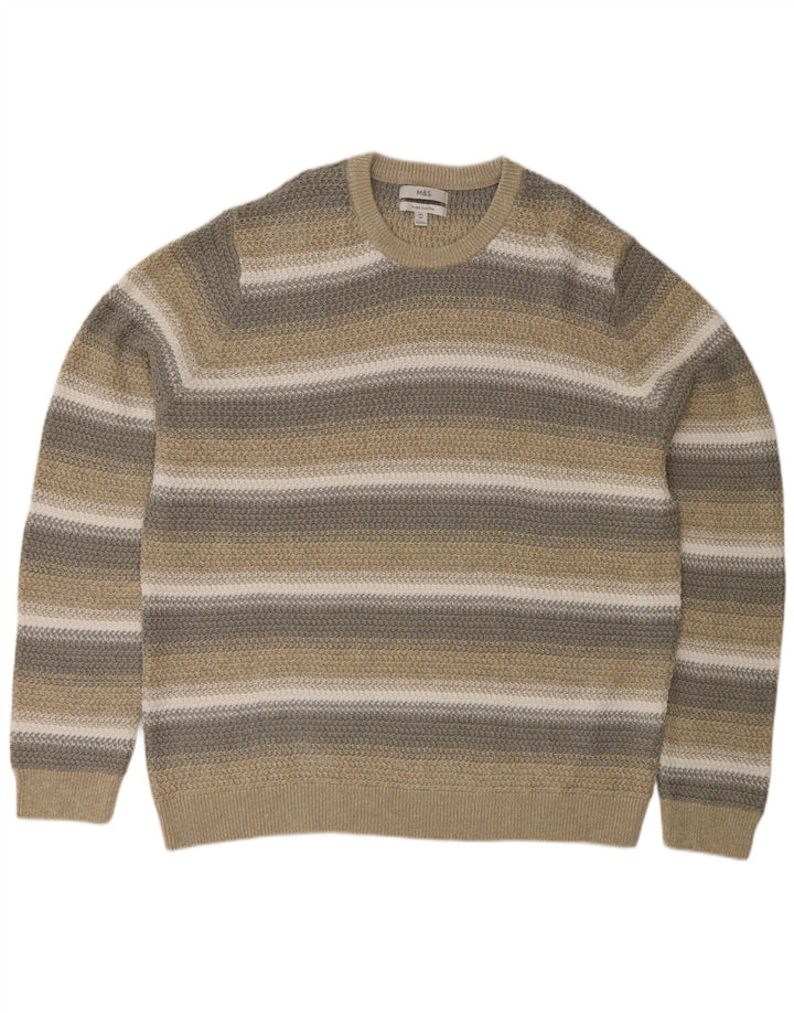 Marks & Spencer Mens Regular Fit Crew Neck Jumper Sweater 2XL Beige Striped