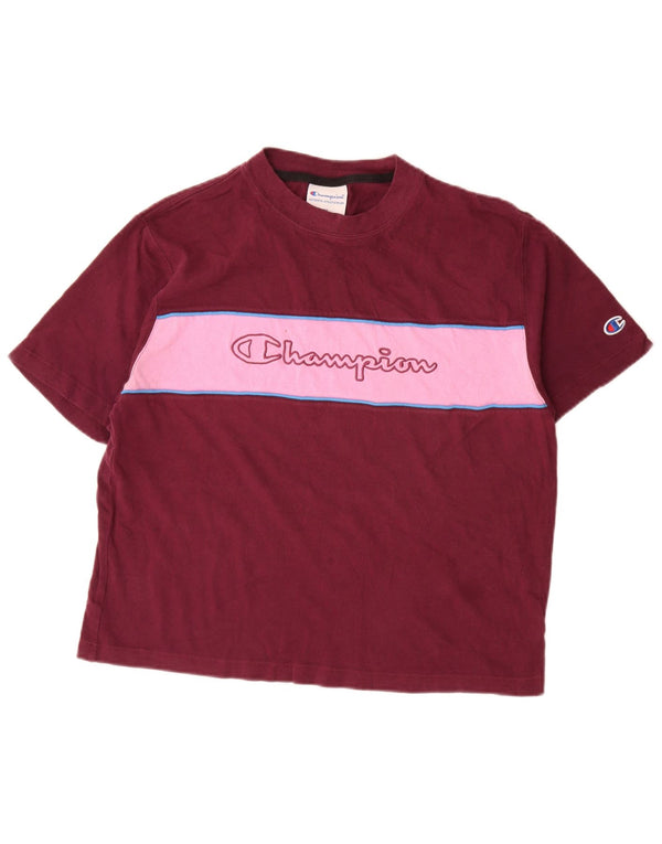 Champion Womens Graphic T-Shirt Top UK 14 Medium Burgundy Colourblock