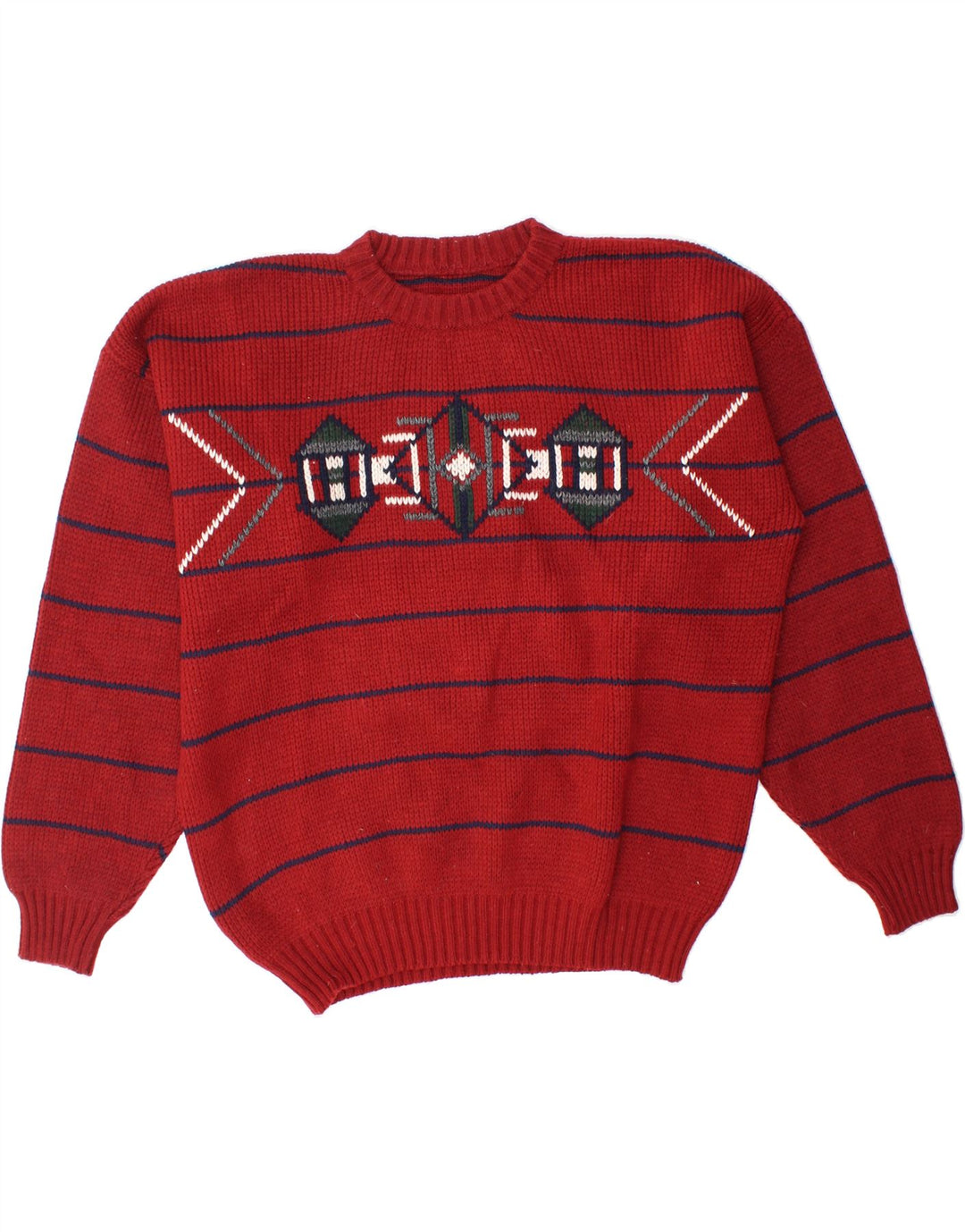 VINTAGE Mens Crew Neck Jumper Sweater XL Red Striped Wool Vintage Vintage and Second-Hand Vintage from Messina Hembry 