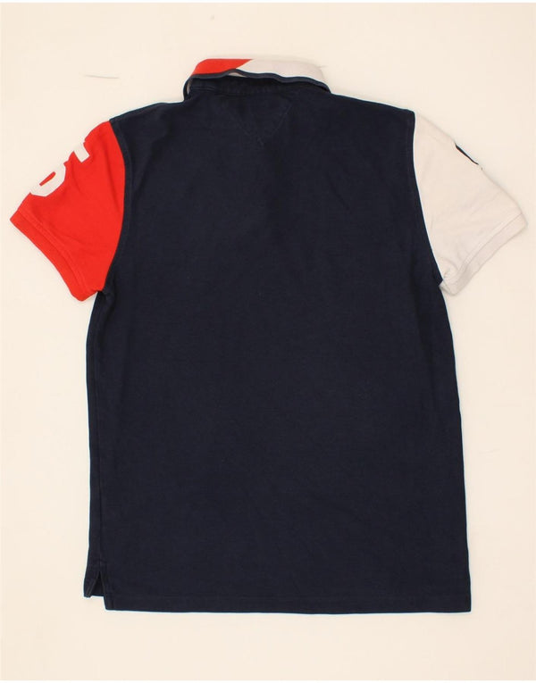 TOMMY HILFIGER Mens Graphic Polo Shirt Small Navy Blue Colourblock Cotton