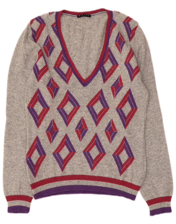 Sisley Womens V-Neck Jumper Sweater UK 10 Small Grey Argyle/Diamond