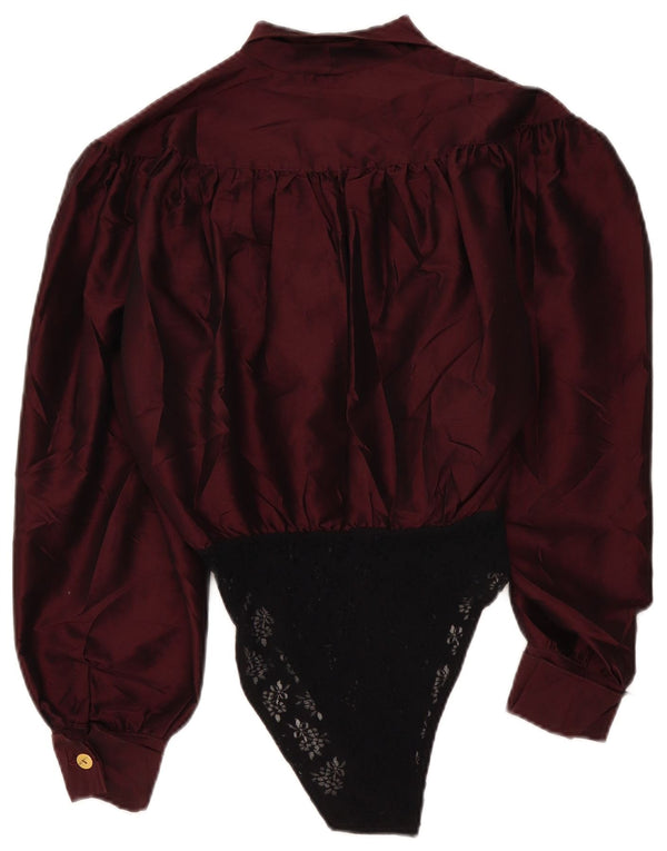 Vintage Dame Langærmet skjorte Bodysuit UK 16 Large Burgundy Colourblock