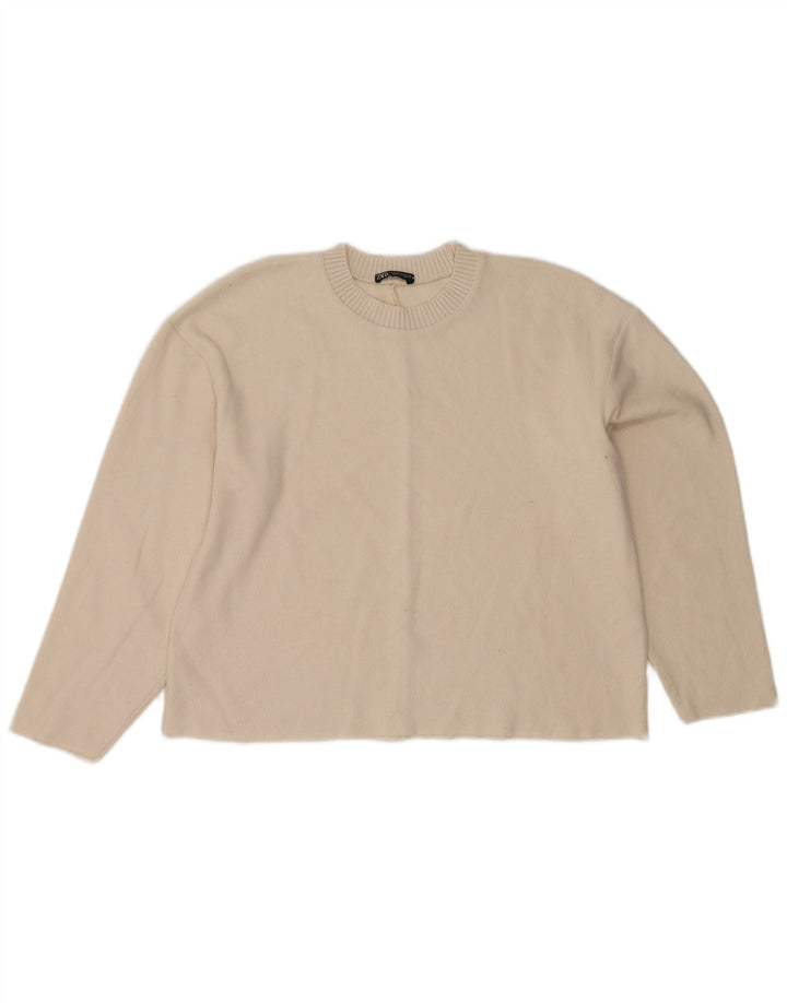 Zara Womens Crop Crew Neck Jumper Sweater UK 14 Medium White Polyester