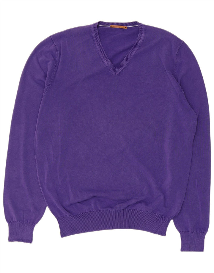 Massimo Dutti Mens V-Neck Jumper Sweater Medium Purple Cotton